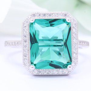 Halo 6.00 Carat Emerald Cut Paraiba Tourmaline CZ